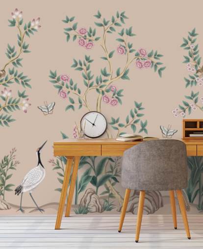 mural de papel pintado de chinoiserie rosa llamado Pink Chinoiserie Rose Garden para dormitorios y comedores