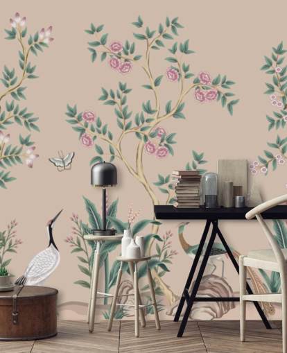 rosafarbenes Chinoiserie-Tapetenbild namens Pink Chinoiserie Rose Garden für Schlafzimmer und Esszimmer