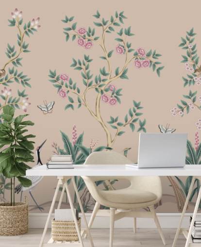 roze chinoiserie behangmuurschildering genaamd Pink Chinoiserie Rose Garden voor slaapkamers en eetkamers