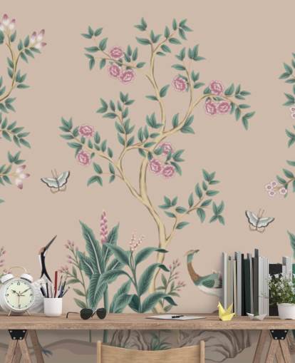 mural de papel pintado de chinoiserie rosa llamado Pink Chinoiserie Rose Garden para dormitorios y comedores