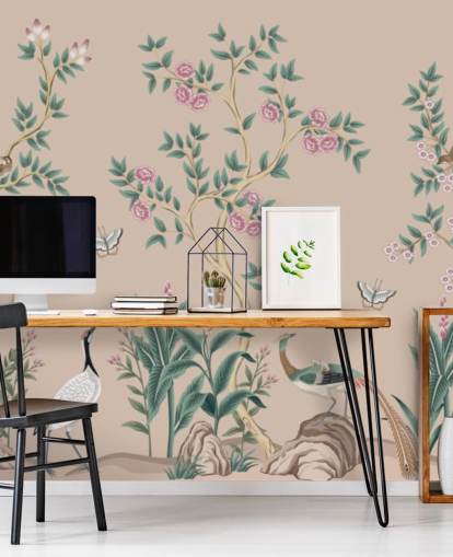 pink chinoiserie wallpaper mural called Pink Chinoiserie Rose Garden for bedrooms and dining rooms