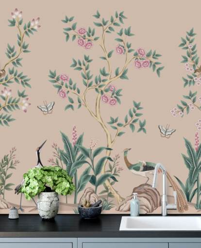 roze chinoiserie behangmuurschildering genaamd Pink Chinoiserie Rose Garden voor slaapkamers en eetkamers