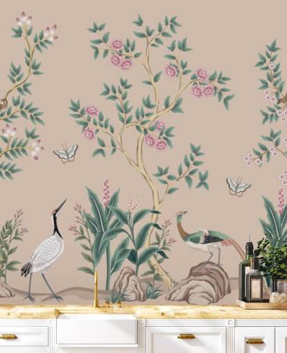 pink chinoiserie wallpaper mural called Pink Chinoiserie Rose Garden for bedrooms and dining rooms