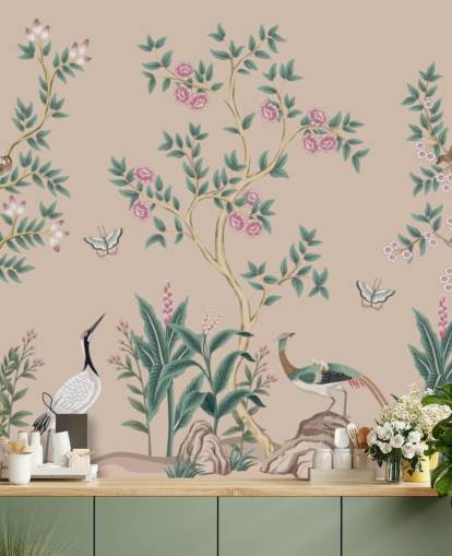 pink chinoiserie wallpaper mural called Pink Chinoiserie Rose Garden for bedrooms and dining rooms
