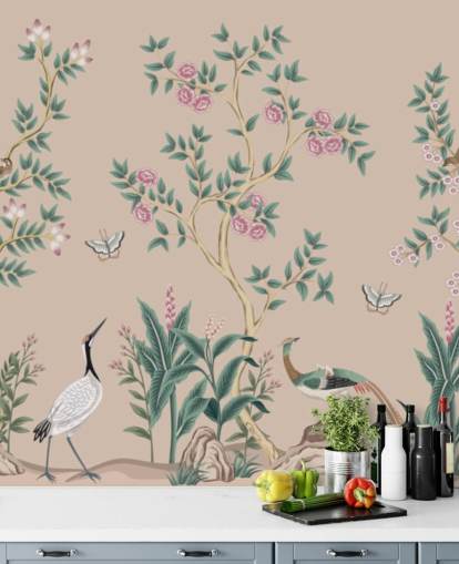rosa chinoiserie tapetväggmålning som heter Pink Chinoiserie Rose Garden för sovrum och matsalar