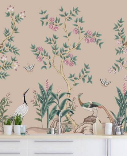 papier peint mural de chinoiserie rose appelé Pink Chinoiserie Rose Garden pour les chambres et les salles à manger