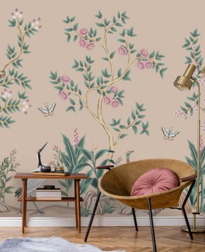 pink chinoiserie wallpaper mural called Pink Chinoiserie Rose Garden for bedrooms and dining rooms