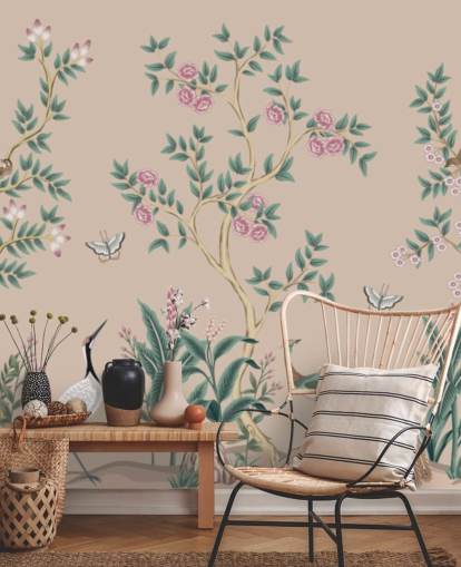 lyserød chinoiserie tapetmaleri kaldet Pink Chinoiserie Rose Garden til soveværelser og spisestuer