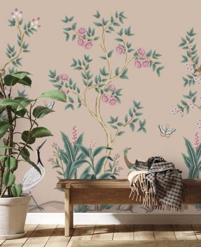papier peint mural de chinoiserie rose appelé Pink Chinoiserie Rose Garden pour les chambres et les salles à manger