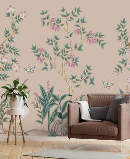 rosafarbenes Chinoiserie-Tapetenbild namens Pink Chinoiserie Rose Garden für Schlafzimmer und Esszimmer rosafarbenes Chinoiserie-Tapetenbild namens Pink Chinoiserie Rose Garden für Schlafzimmer und Esszimmer