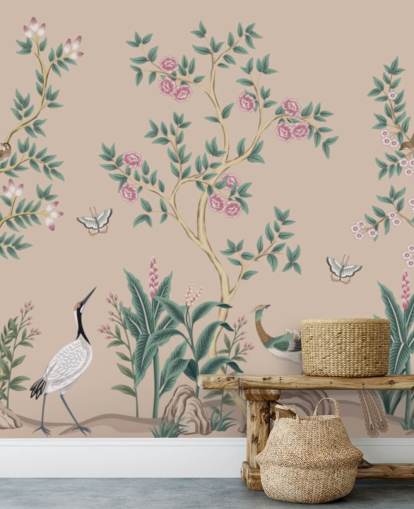 mural de papel pintado de chinoiserie rosa llamado Pink Chinoiserie Rose Garden para dormitorios y comedores