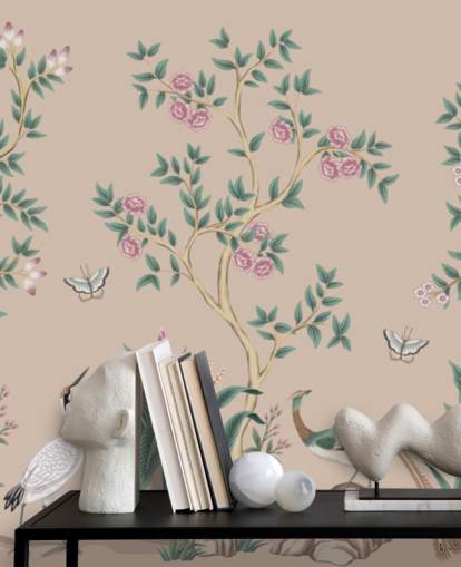 vaaleanpunainen chinoiserie-taustakuvamaalaus nimeltä Pink Chinoiserie Rose Garden makuuhuoneisiin ja ruokasaleihin