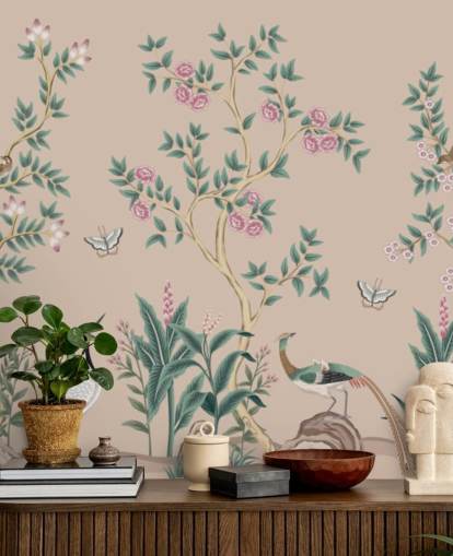 roze chinoiserie behangmuurschildering genaamd Pink Chinoiserie Rose Garden voor slaapkamers en eetkamers roze chinoiserie behangmuurschildering genaamd Pink Chinoiserie Rose Garden voor slaapkamers en eetkamers
