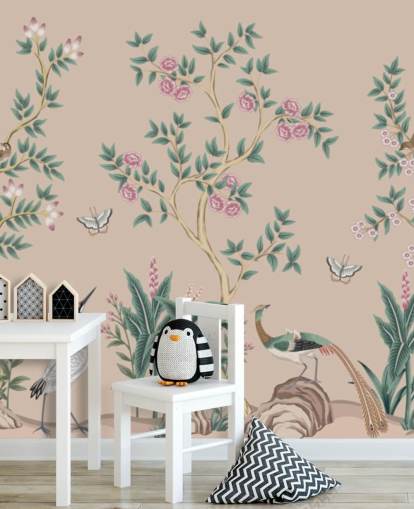 mural de papel pintado de chinoiserie rosa llamado Pink Chinoiserie Rose Garden para dormitorios y comedores mural de papel pintado de chinoiserie rosa llamado Pink Chinoiserie Rose Garden para dormitorios y comedores