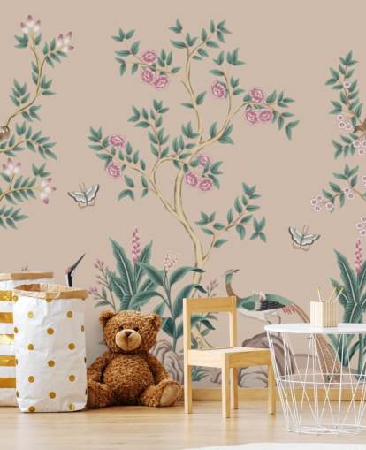 vaaleanpunainen chinoiserie-taustakuvamaalaus nimeltä Pink Chinoiserie Rose Garden makuuhuoneisiin ja ruokasaleihin