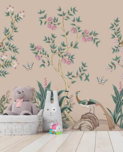 rosafarbenes Chinoiserie-Tapetenbild namens Pink Chinoiserie Rose Garden für Schlafzimmer und Esszimmer rosafarbenes Chinoiserie-Tapetenbild namens Pink Chinoiserie Rose Garden für Schlafzimmer und Esszimmer