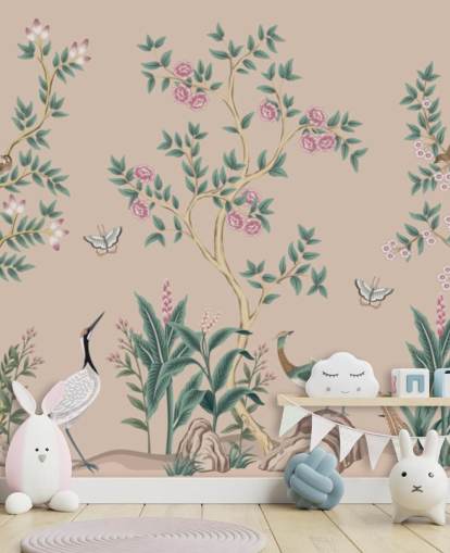 pink chinoiserie wallpaper mural called Pink Chinoiserie Rose Garden for bedrooms and dining rooms