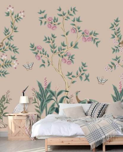 pink chinoiserie wallpaper mural called Pink Chinoiserie Rose Garden for bedrooms and dining rooms