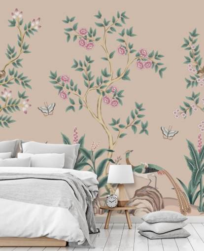 rosafarbenes Chinoiserie-Tapetenbild namens Pink Chinoiserie Rose Garden für Schlafzimmer und Esszimmer