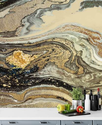 guldbrun marmor tapetväggmålning kallad Golden Brown Agate Marble av Lara Skinner för vardagsrum och matsalar