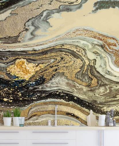 goudbruine marmeren behangmuurschildering genaamd Golden Brown Agate Marble van Lara Skinner voor woon- en eetkamers