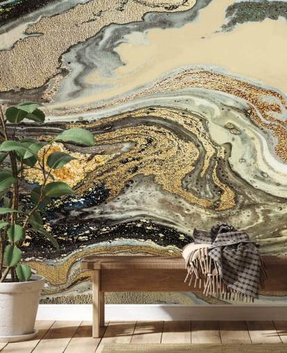 gullbrun marmor tapet veggmaleri kalt Golden Brown Agate Marble av Lara Skinner for stuer og spisestuer