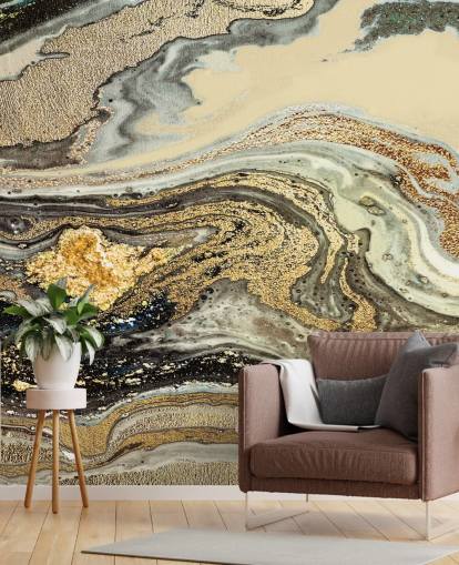goudbruine marmeren behangmuurschildering genaamd Golden Brown Agate Marble van Lara Skinner voor woon- en eetkamers goudbruine marmeren behangmuurschildering genaamd Golden Brown Agate Marble van Lara Skinner voor woon- en eetkamers