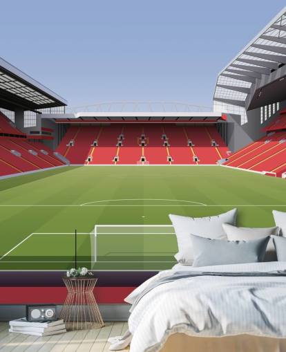 mural rojo y verde de un estadio de fútbol llamado Anfield Football Stadium de Matthew J I Wood Diseño e ilustración para dormitorio infantil
