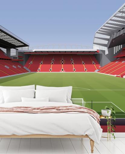 red and green football stadium wallpaper mural called Anfield Football Stadium by Matthew J I Wood Design & Illustration for child's bedroom