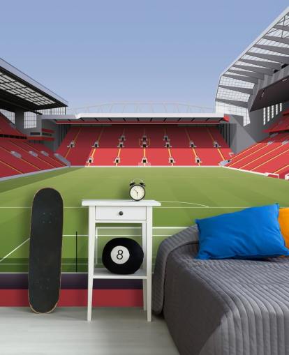 mural rojo y verde de un estadio de fútbol llamado Anfield Football Stadium de Matthew J I Wood Diseño e ilustración para dormitorio infantil