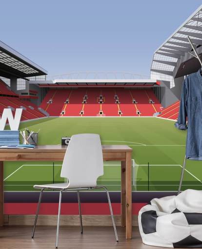 mural de papel de parede de estádio de futebol vermelho e verde chamado Estádio de Futebol de Anfield, de Matthew J I Wood Design & Illustration para quarto de criança
