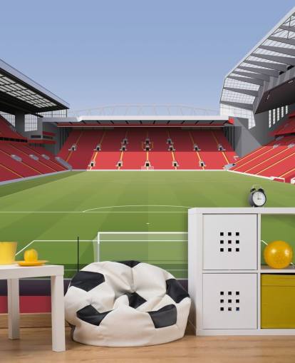 Rote und grüne Fußballstadion-Tapete namens Anfield Football Stadium von Matthew J I Wood Design & Illustration für das Kinderzimmer