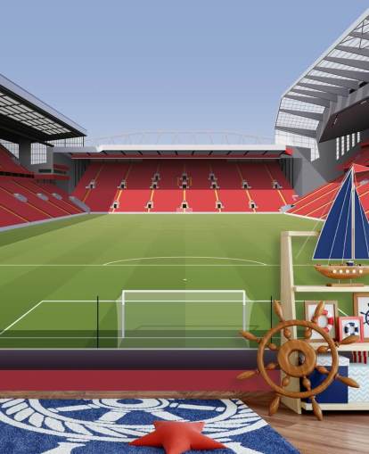 Rote und grüne Fußballstadion-Tapete namens Anfield Football Stadium von Matthew J I Wood Design & Illustration für das Kinderzimmer Rote und grüne Fußballstadion-Tapete namens Anfield Football Stadium von Matthew J I Wood Design & Illustration für das Kinderzimmer