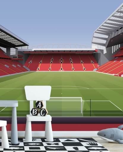 red and green football stadium wallpaper mural called Anfield Football Stadium by Matthew J I Wood Design & Illustration for child's bedroom