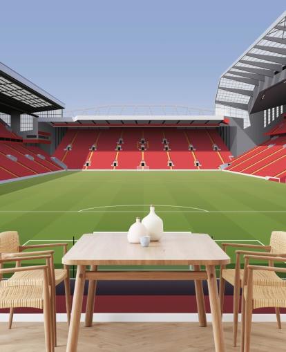 rødt og grønt fodboldstadion tapetmaleri kaldet Anfield Football Stadium af Matthew J I Wood Design & Illustration til børns soveværelse