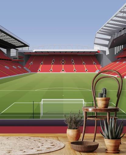 red and green football stadium wallpaper mural called Anfield Football Stadium by Matthew J I Wood Design & Illustration for child's bedroom