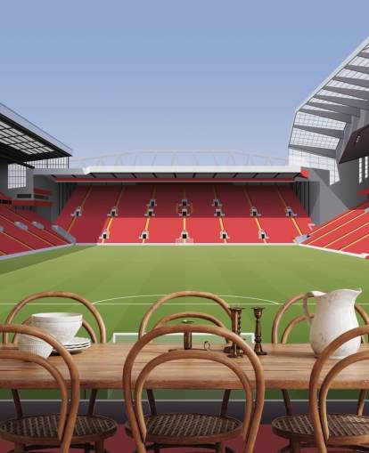 red and green football stadium wallpaper mural called Anfield Football Stadium by Matthew J I Wood Design & Illustration for child's bedroom