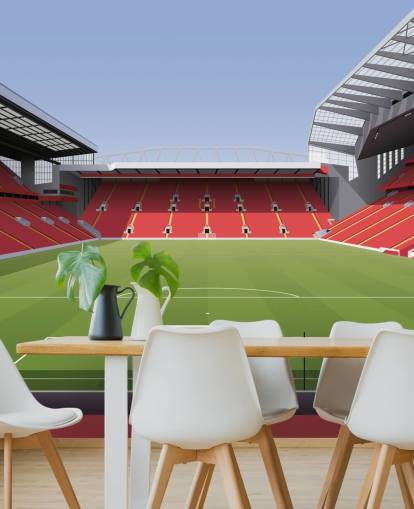 mural rojo y verde de un estadio de fútbol llamado Anfield Football Stadium de Matthew J I Wood Diseño e ilustración para dormitorio infantil mural rojo y verde de un estadio de fútbol llamado Anfield Football Stadium de Matthew J I Wood Diseño e ilustración para dormitorio infantil