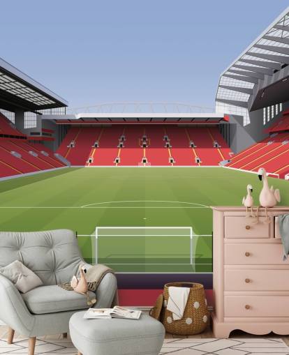 röd och grön fotbollsstadion tapetväggmålning kallad Anfield Football Stadium av Matthew J I Wood Design & Illustration för barnets sovrum