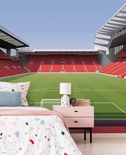 mural de papel de parede de estádio de futebol vermelho e verde chamado Estádio de Futebol de Anfield, de Matthew J I Wood Design & Illustration para quarto de criança