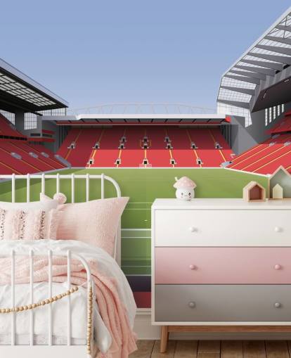 mural rojo y verde de un estadio de fútbol llamado Anfield Football Stadium de Matthew J I Wood Diseño e ilustración para dormitorio infantil mural rojo y verde de un estadio de fútbol llamado Anfield Football Stadium de Matthew J I Wood Diseño e ilustración para dormitorio infantil