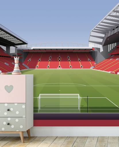 rode en groene muurschildering voor voetbalstadion genaamd Anfield Football Stadium van Matthew J I Wood Design & Illustration voor de kinderkamer rode en groene muurschildering voor voetbalstadion genaamd Anfield Football Stadium van Matthew J I Wood Design & Illustration voor de kinderkamer