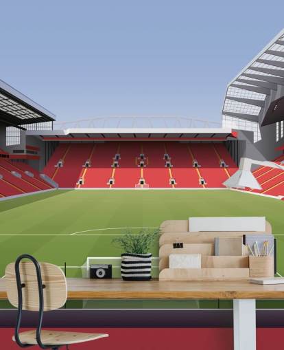 rødt og grønt fodboldstadion tapetmaleri kaldet Anfield Football Stadium af Matthew J I Wood Design & Illustration til børns soveværelse rødt og grønt fodboldstadion tapetmaleri kaldet Anfield Football Stadium af Matthew J I Wood Design & Illustration til børns soveværelse