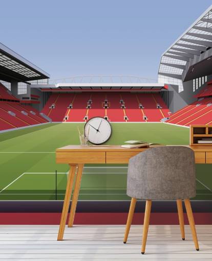 mural rojo y verde de un estadio de fútbol llamado Anfield Football Stadium de Matthew J I Wood Diseño e ilustración para dormitorio infantil mural rojo y verde de un estadio de fútbol llamado Anfield Football Stadium de Matthew J I Wood Diseño e ilustración para dormitorio infantil
