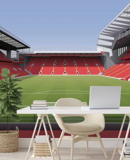 rødt og grønt fodboldstadion tapetmaleri kaldet Anfield Football Stadium af Matthew J I Wood Design & Illustration til børns soveværelse