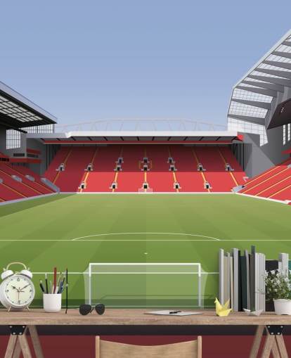 mural rojo y verde de un estadio de fútbol llamado Anfield Football Stadium de Matthew J I Wood Diseño e ilustración para dormitorio infantil