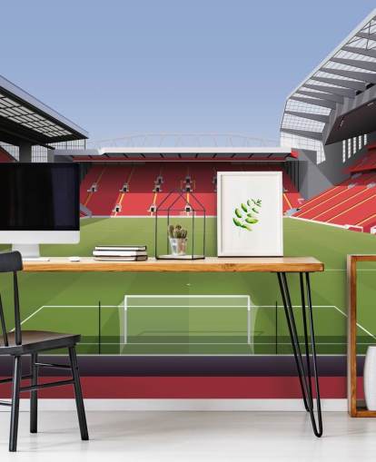 mural rojo y verde de un estadio de fútbol llamado Anfield Football Stadium de Matthew J I Wood Diseño e ilustración para dormitorio infantil