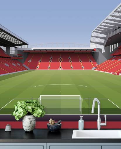 punainen ja vihreä jalkapallostadionin taustakuvamaalaus nimeltä Anfield Football Stadium, kirjoittanut Matthew J I Wood Design & Illustration lapsen makuuhuoneeseen punainen ja vihreä jalkapallostadionin taustakuvamaalaus nimeltä Anfield Football Stadium, kirjoittanut Matthew J I Wood Design & Illustration lapsen makuuhuoneeseen