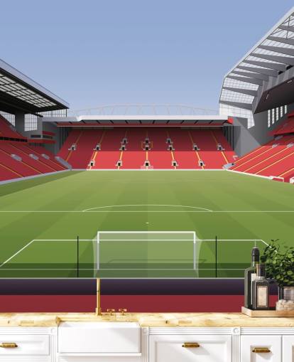 mural rojo y verde de un estadio de fútbol llamado Anfield Football Stadium de Matthew J I Wood Diseño e ilustración para dormitorio infantil
