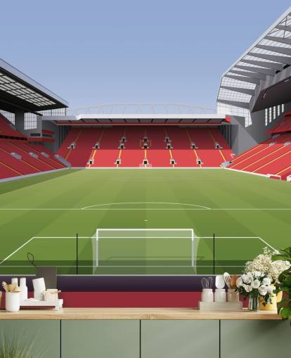 mural rojo y verde de un estadio de fútbol llamado Anfield Football Stadium de Matthew J I Wood Diseño e ilustración para dormitorio infantil mural rojo y verde de un estadio de fútbol llamado Anfield Football Stadium de Matthew J I Wood Diseño e ilustración para dormitorio infantil